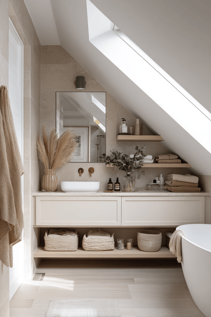 Geflochtene Körbe und Boxen unter Waschbecken in einem Badezimmer mit Dachschräge