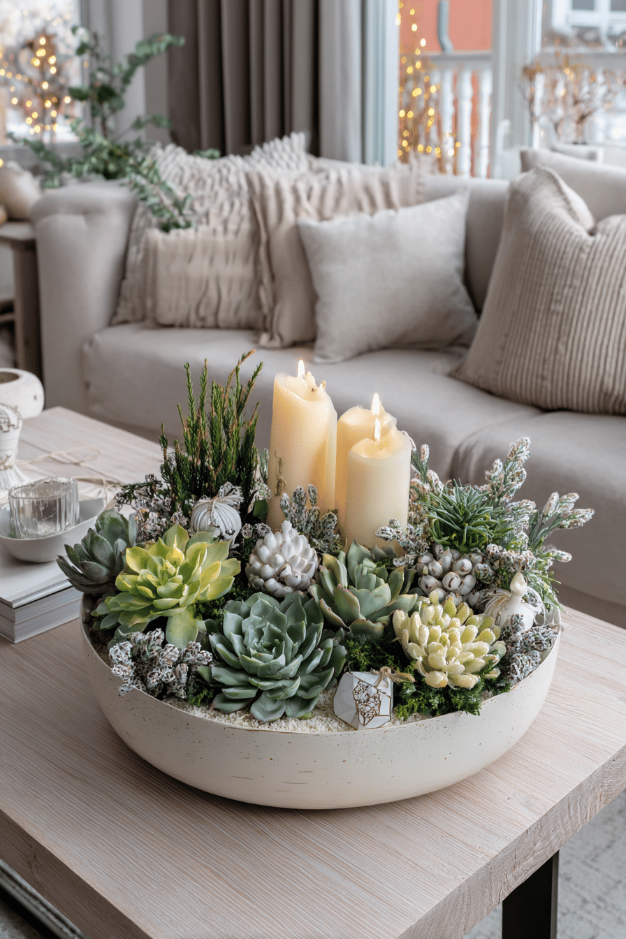 Ein moderner Adventskranz aus Sukkulenten und Kerzen auf einem Tisch vor einem gemütlichen Sofa.