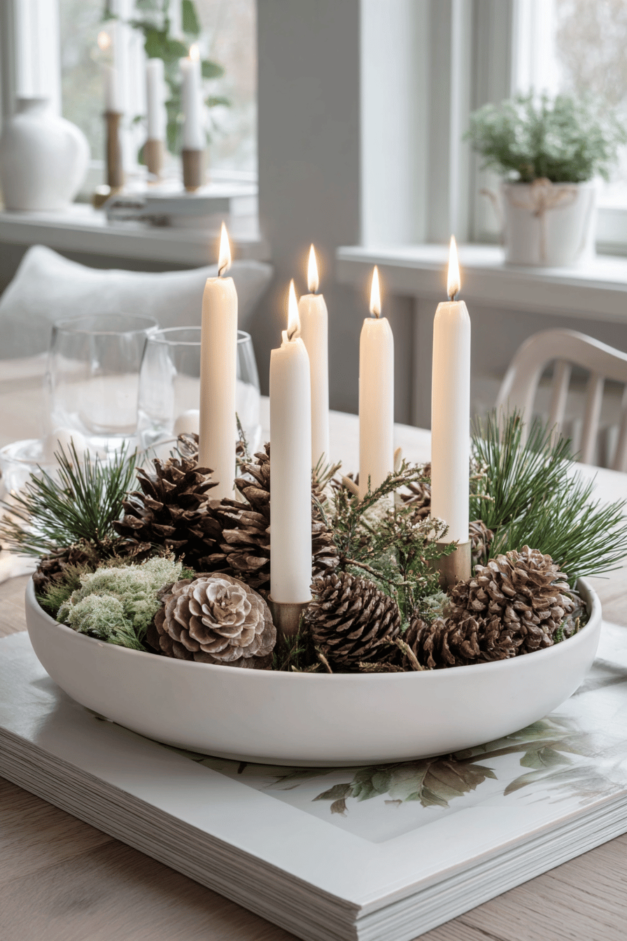 Weiße Kerzen in einer Adventsschale mit Kiefernzapfen und Tannenzweigen auf einem Tisch.