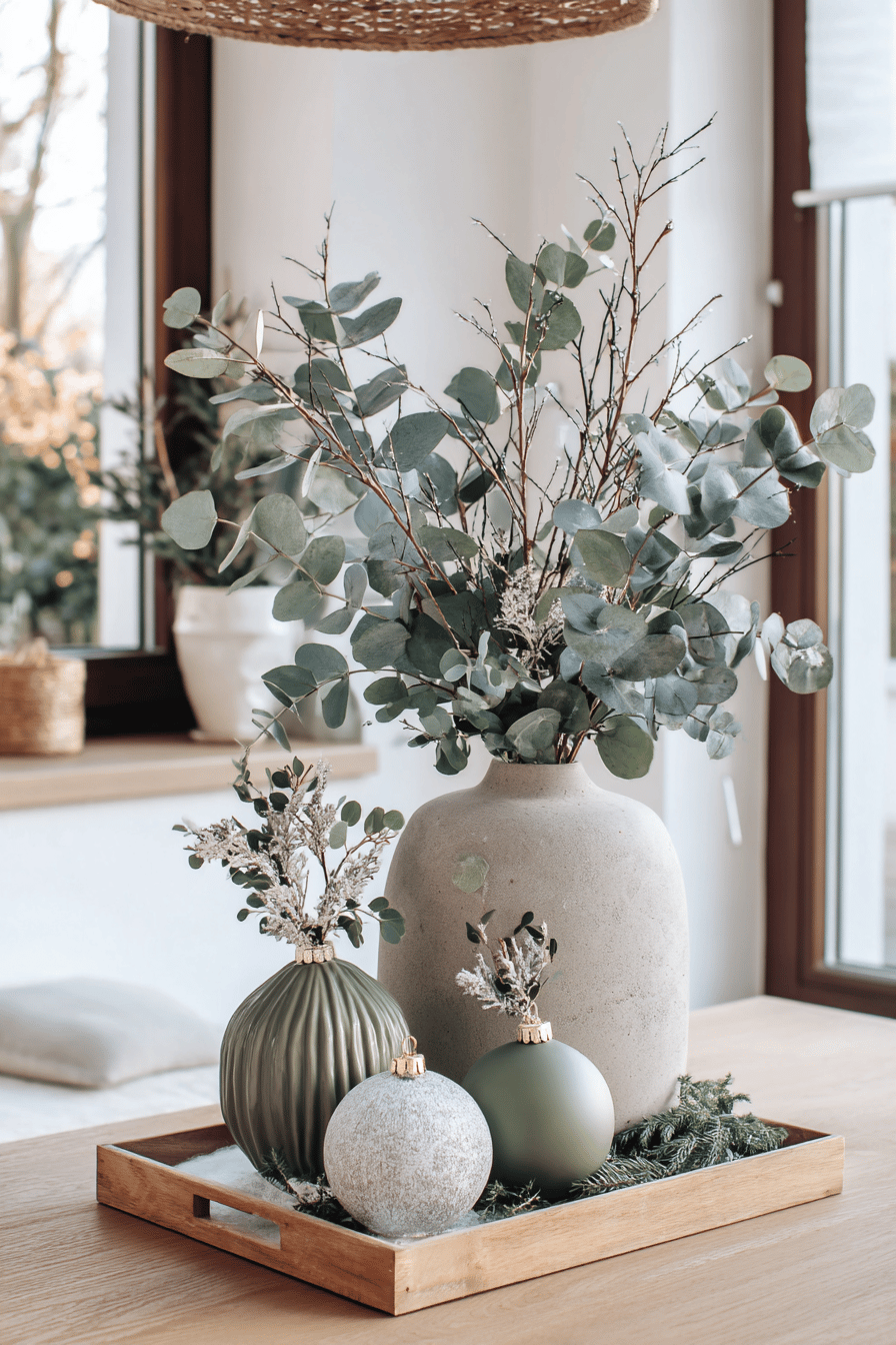 Ein modernes Arrangement mit Eukalyptus, Zweigen und Christbaumkugeln auf einem Holztablett.