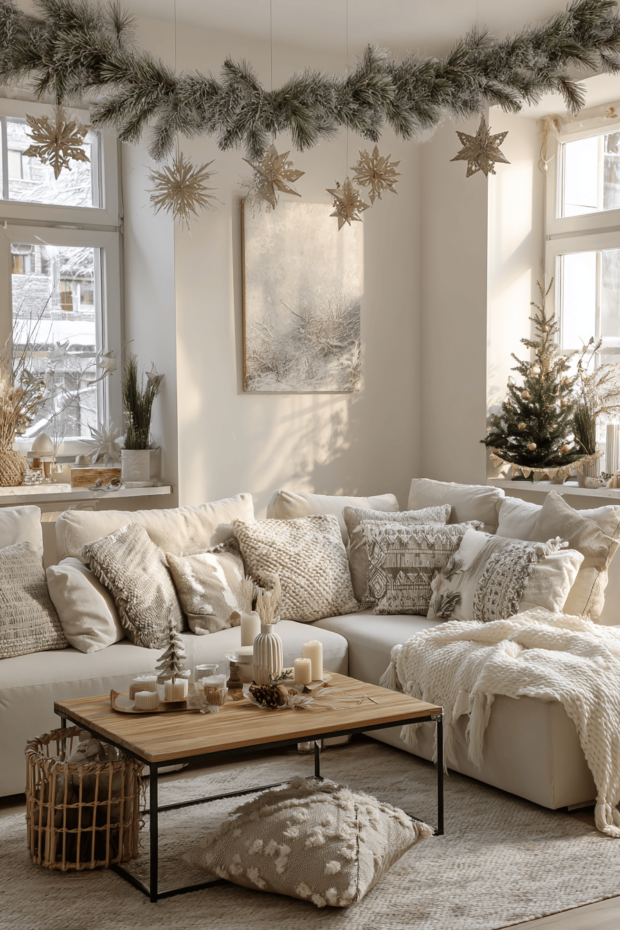 Ein Wohnzimmer mit skandinavischer Weihnachtsdekoration im Hygge-Style, mit gemütlichen Kissen, Kerzen und einem schlichten Weihnachtsbaum.