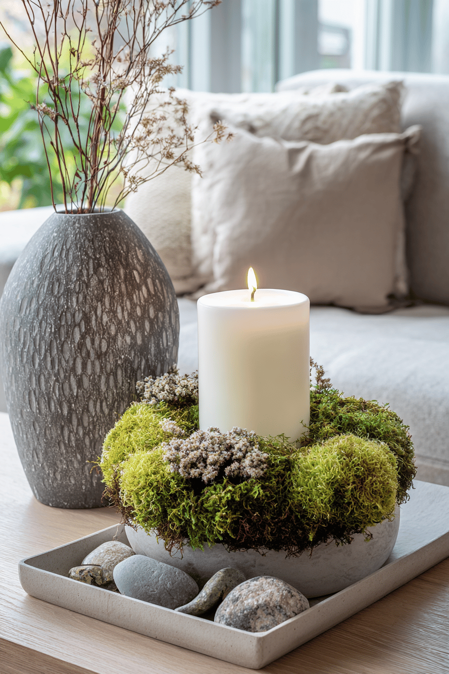 Ein minimalistischer Mooskranz mit einer Kerze in einem modernen Wohnambiente.