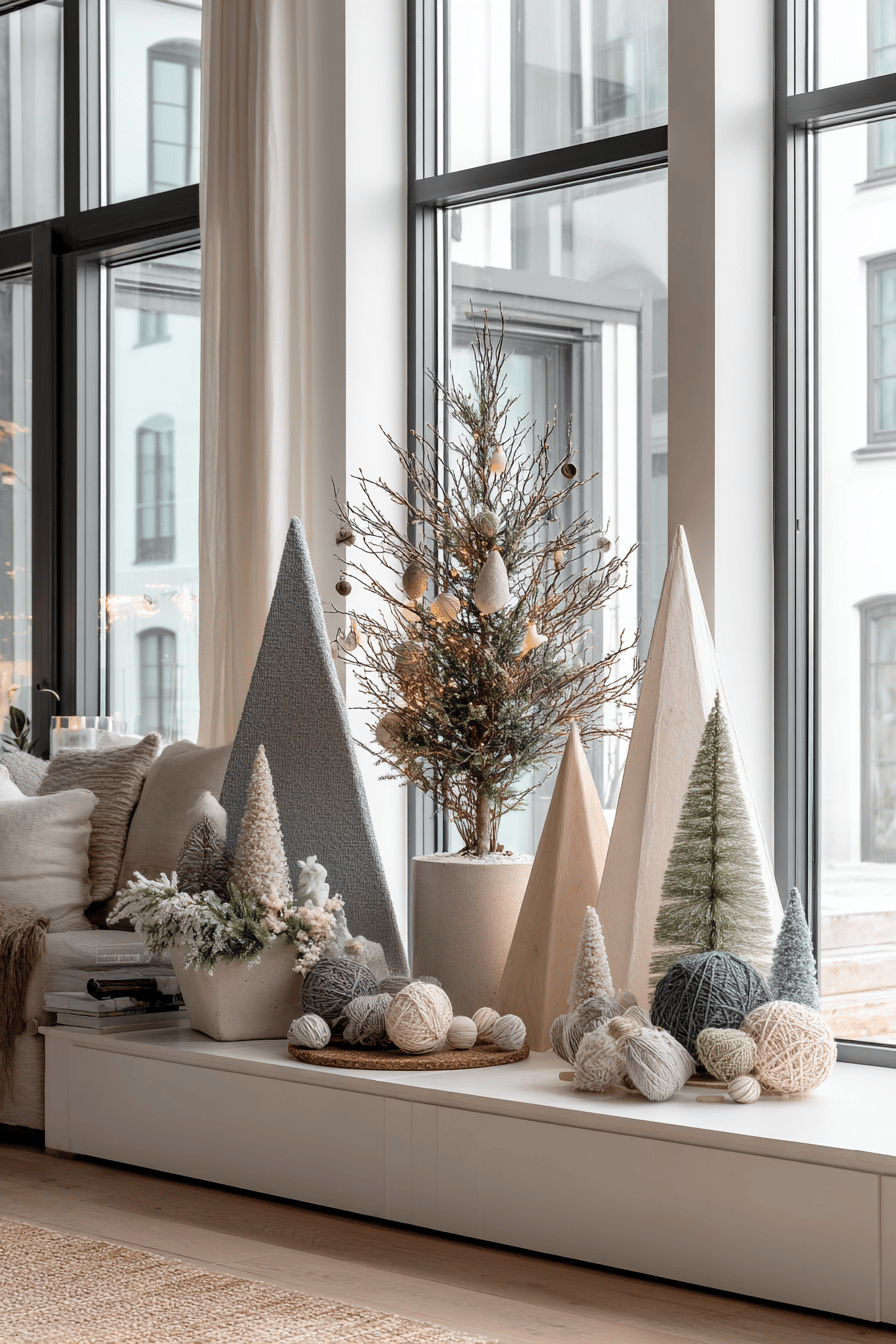 Minimalistischer Weihnachtsbaum mit Ton-in-Ton Schmuck neben geometrischen Dekorationselementen.