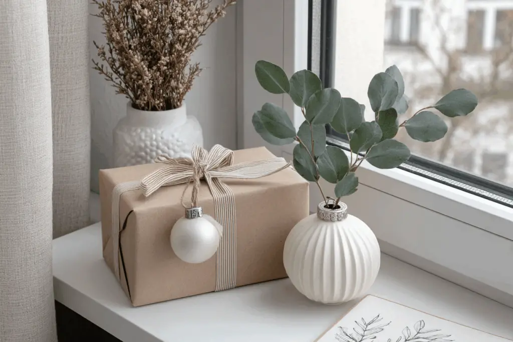 Geschenk und Pflanze auf Fensterbank dekoriert