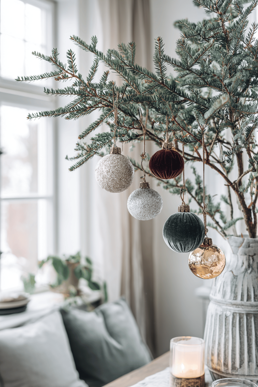 Ein mit Kugeln aus Samt und Leinen geschmückter Zweig vor einem Fenster.