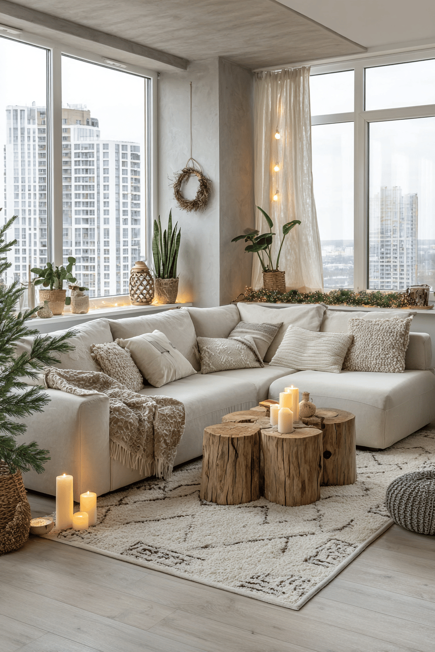 Ein modern dekoriertes Wohnzimmer mit Naturholz, neutralen Farben und Kerzen.