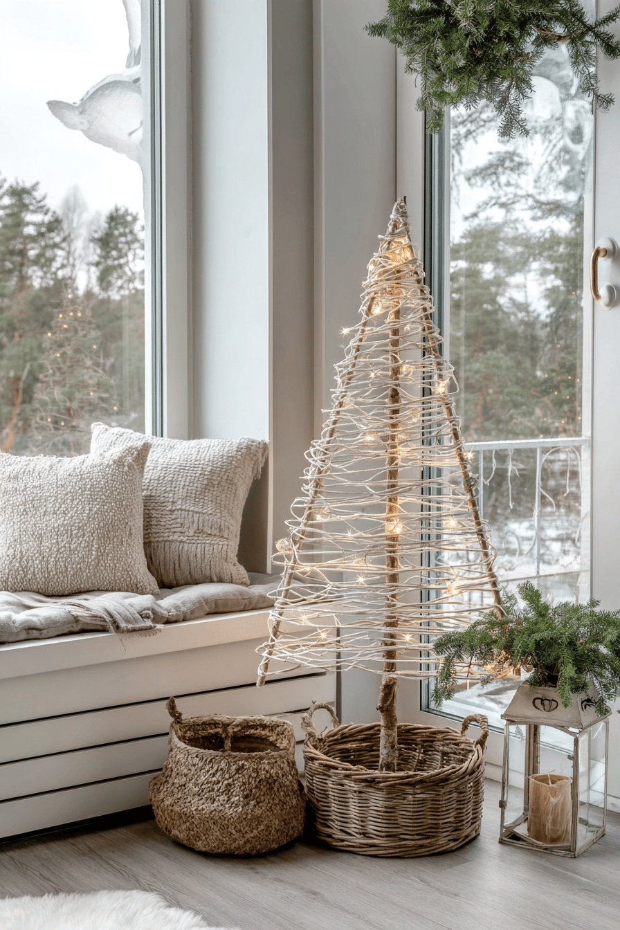 Filigranes Drahtbäumchen neben einem Fenster mit Lichterketten verziert.