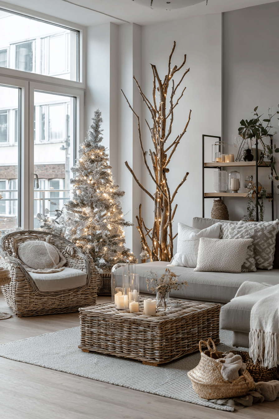 Gemütliches Wohnzimmer mit weihnachtlicher Dekoration: Zwei Weihnachtsbäume aus natürlichen Ästen, geflochtene Möbel, Kerzen und sanfte Lichter.