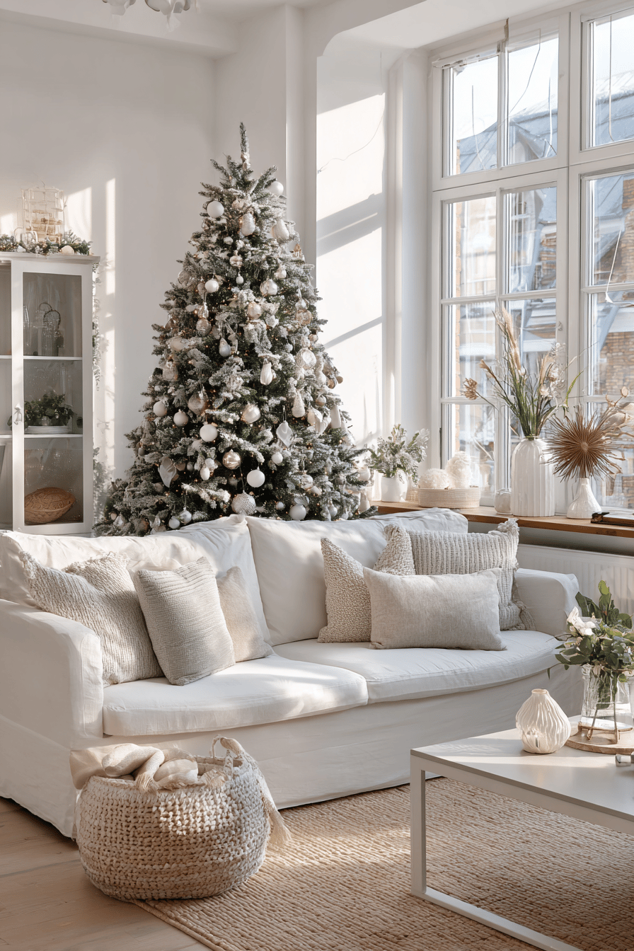 Ein stilvoll geschmückter Weihnachtsbaum mit weißen und silbernen Verzierungen in einem eleganten Wohnzimmer.