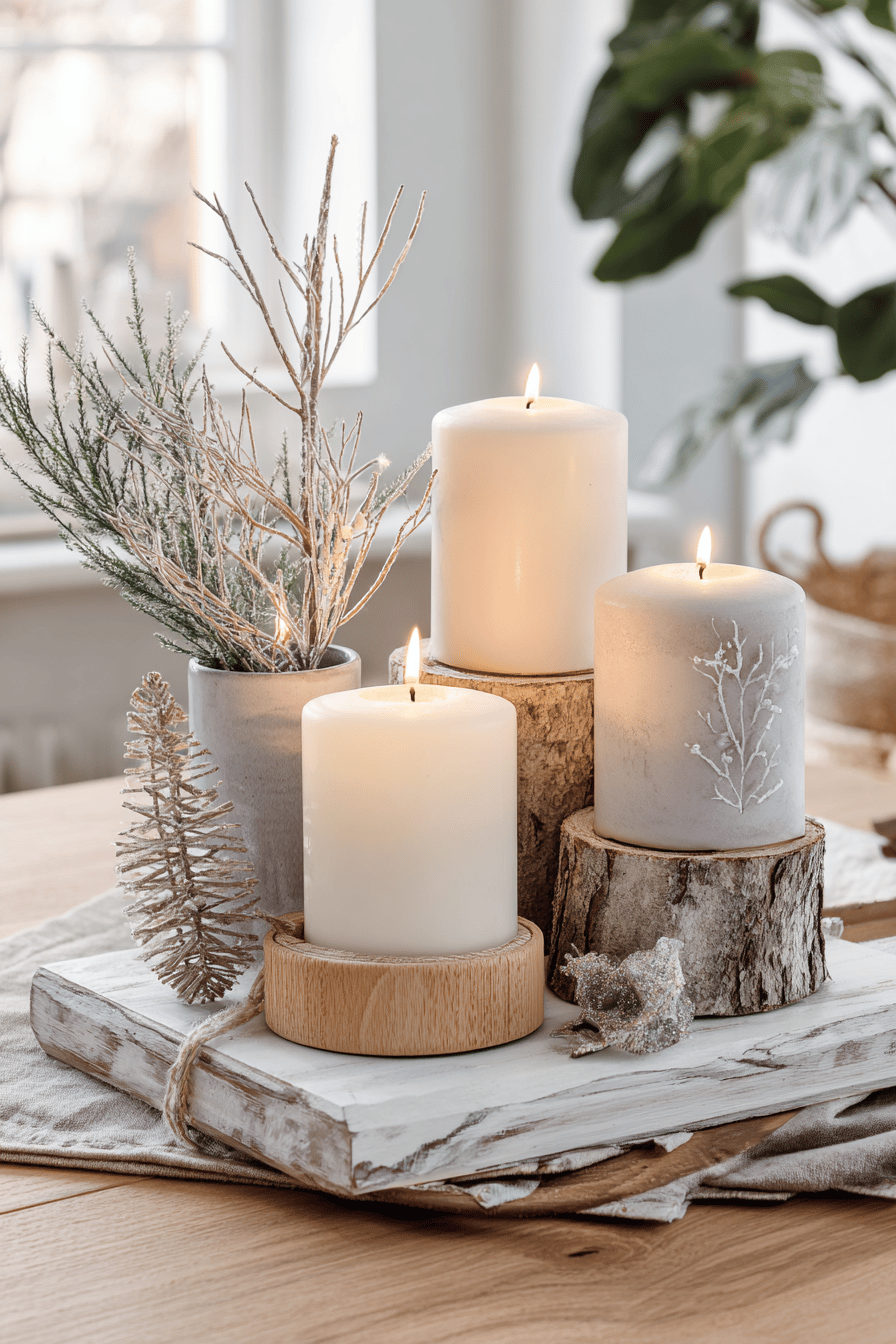 Kerzen in Holzhaltern mit winterlichen Dekorationselementen