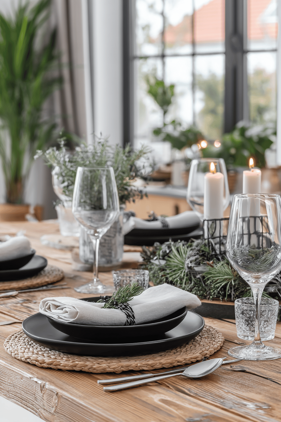 Ein festlich gedeckter Tisch mit moderner Weihnachtsdekoration, schwarzen Tellern und natürlichen Akzenten.