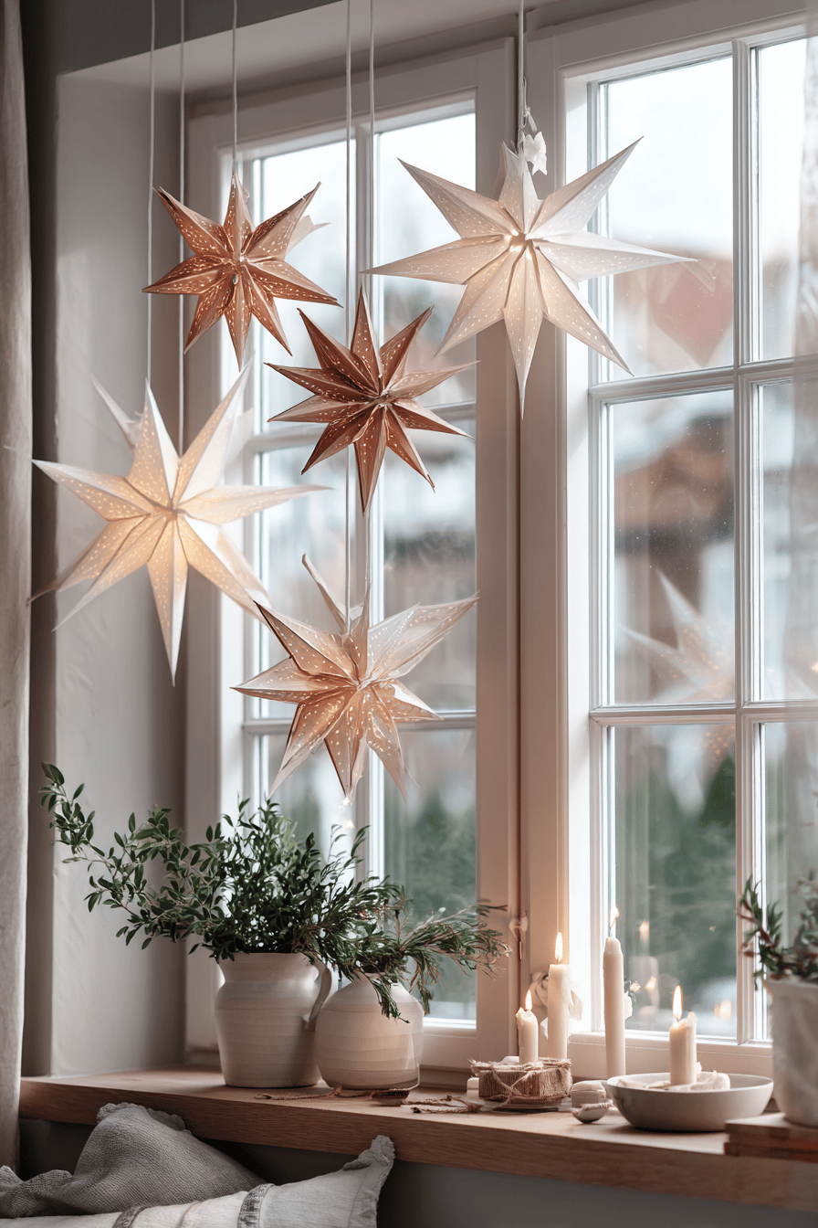 Fenster mit hängenden Papiersternen und Kerzendekoration auf der Fensterbank.