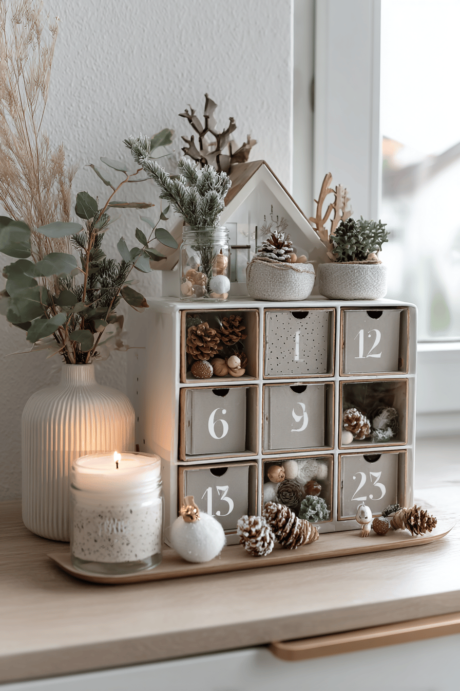 Moderner Adventskalender im minimalistischen Design mit natürlichen Elementen wie Tannenzapfen und Trockenblumen.