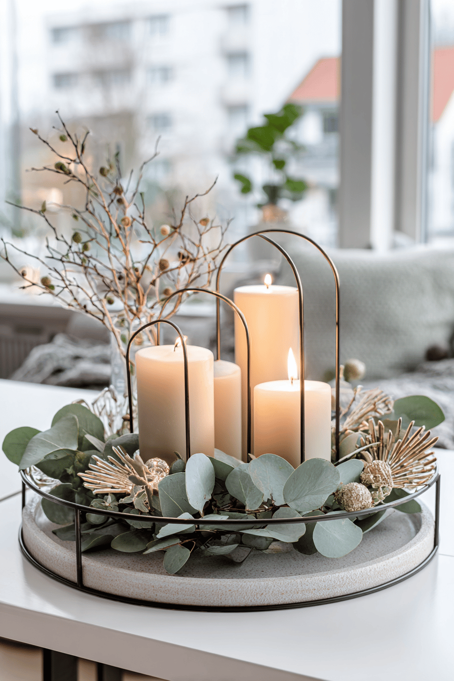 Moderner Adventskranz mit geometrischen Formen, dekoriert mit Kerzen und Eukalyptus.