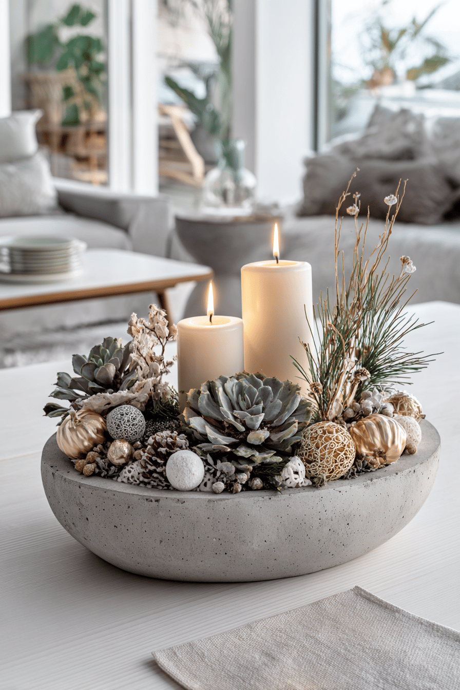 Moderner Betonkranz mit Kerzenhaltern, dekoriert mit Sukkulenten und Weihnachtsornamenten.