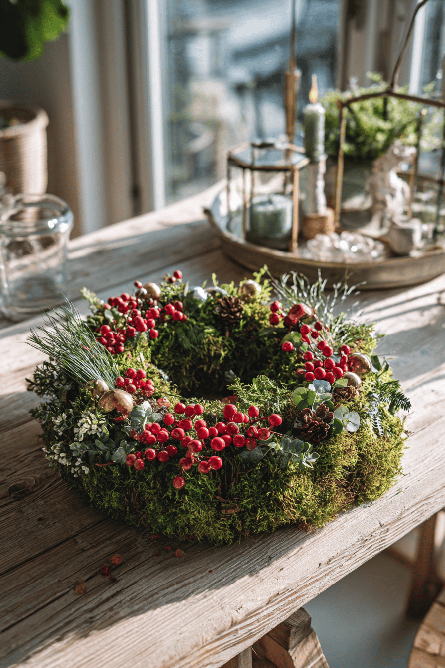 Ein dekorativer Mooskranz mit roten Beeren und grünen Zweigen auf einem Holztisch.