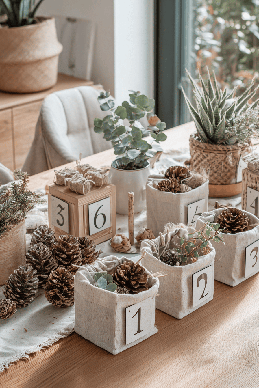 Natürlicher Adventskalender mit Jutesäckchen, Zapfen und Pflanzen auf einem Tisch arrangiert.