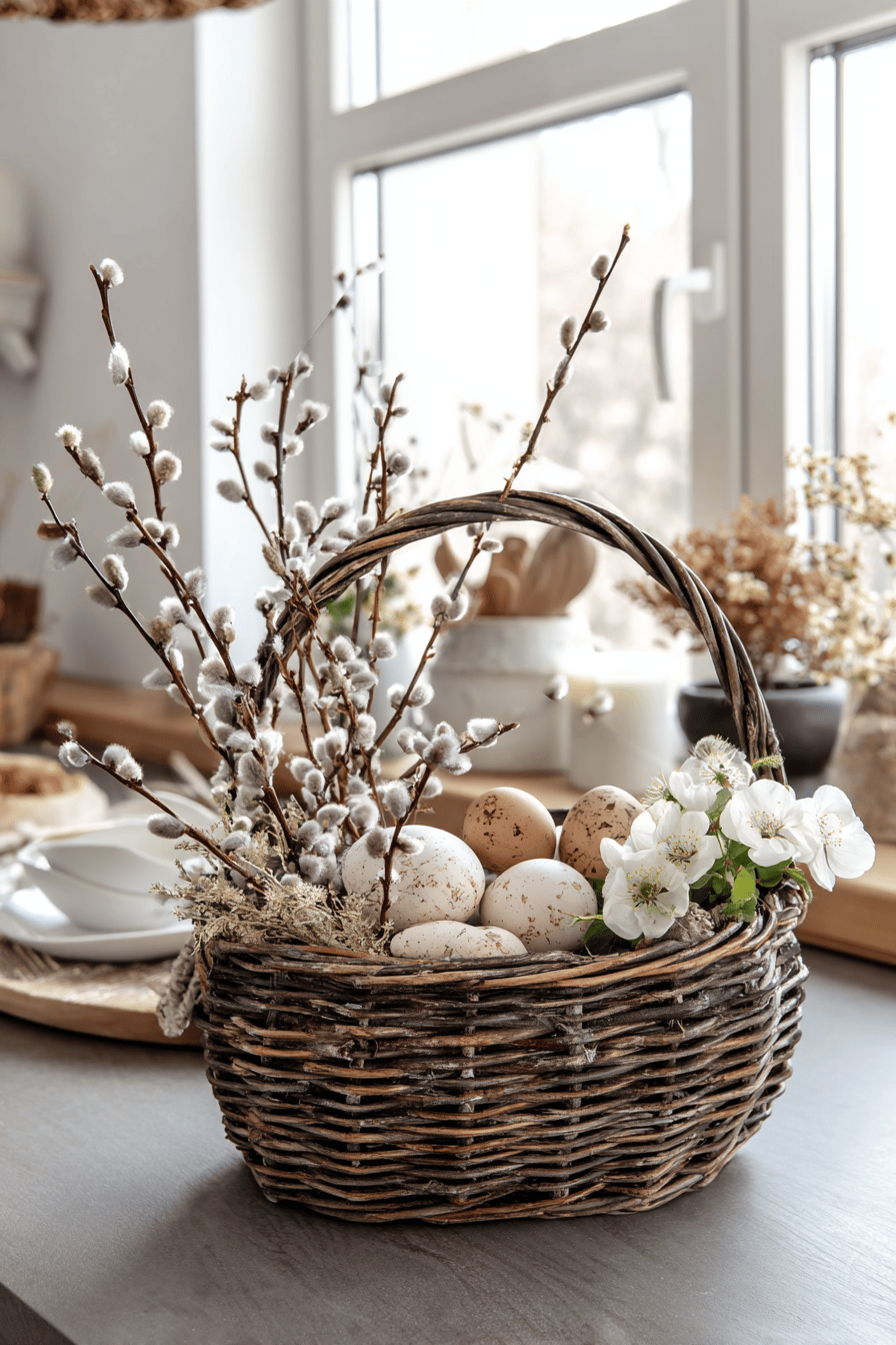 Osterkörbchen mit Birkenreisig, Eiern und Blüten dekoriert.
