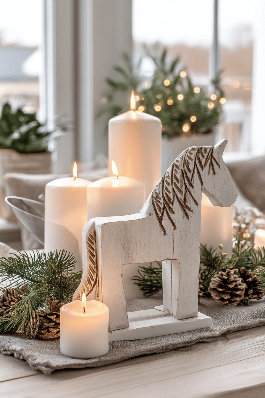 Ein schwedisches Dalapferd umgeben von Kerzen und Tannenzapfen als weihnachtliche Tischdekoration.