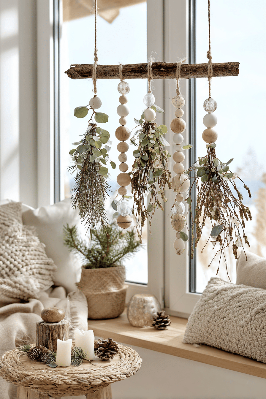 Rustikale Holzgirlande mit skandinavischem Flair, dekoriert mit Tannenzweigen und Holzperlen, hängt vor einem Fenster.