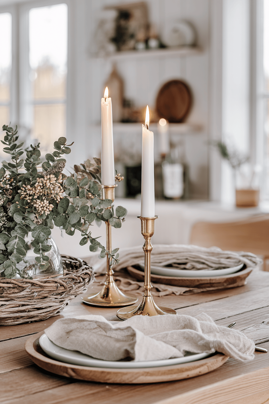 Elegante Messing-Kerzenständer auf einem festlich gedeckten Tisch mit Eukalyptus-Zweigen.