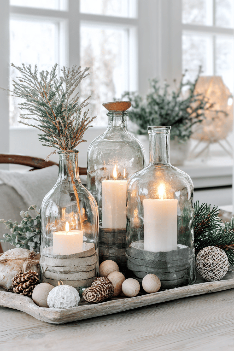 Kerzen in recycelten Glasflaschen mit weihnachtlicher Dekoration.