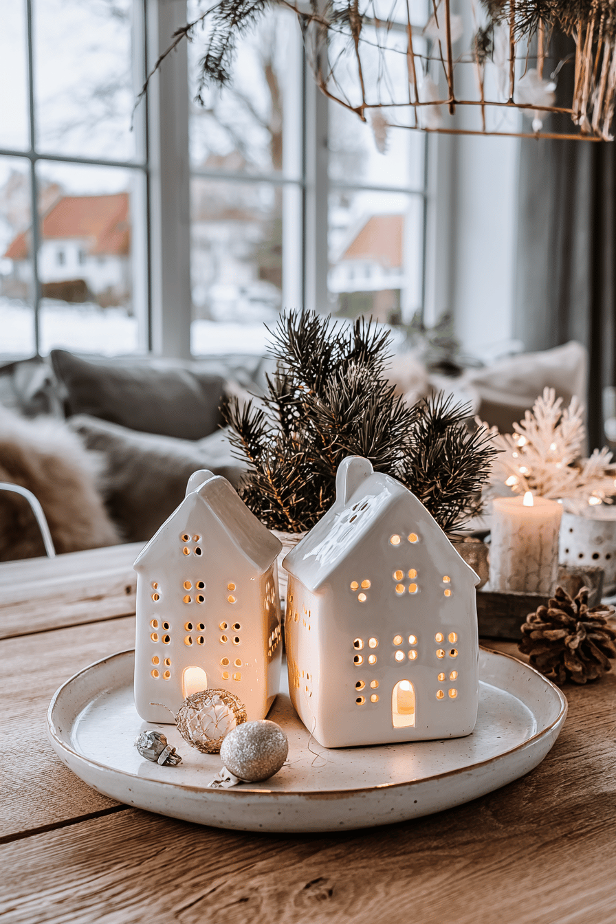 Porzellanlichthäuser auf einem Holztisch bei winterlicher Fensterkulisse.