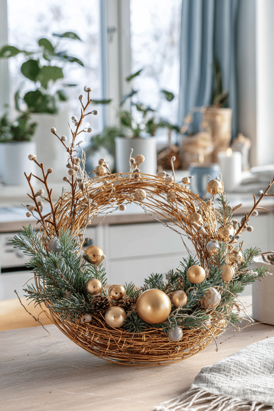 Ein goldener Metallkranz mit echten Tannenzweigen und goldenen Kugeln auf einem Tisch.