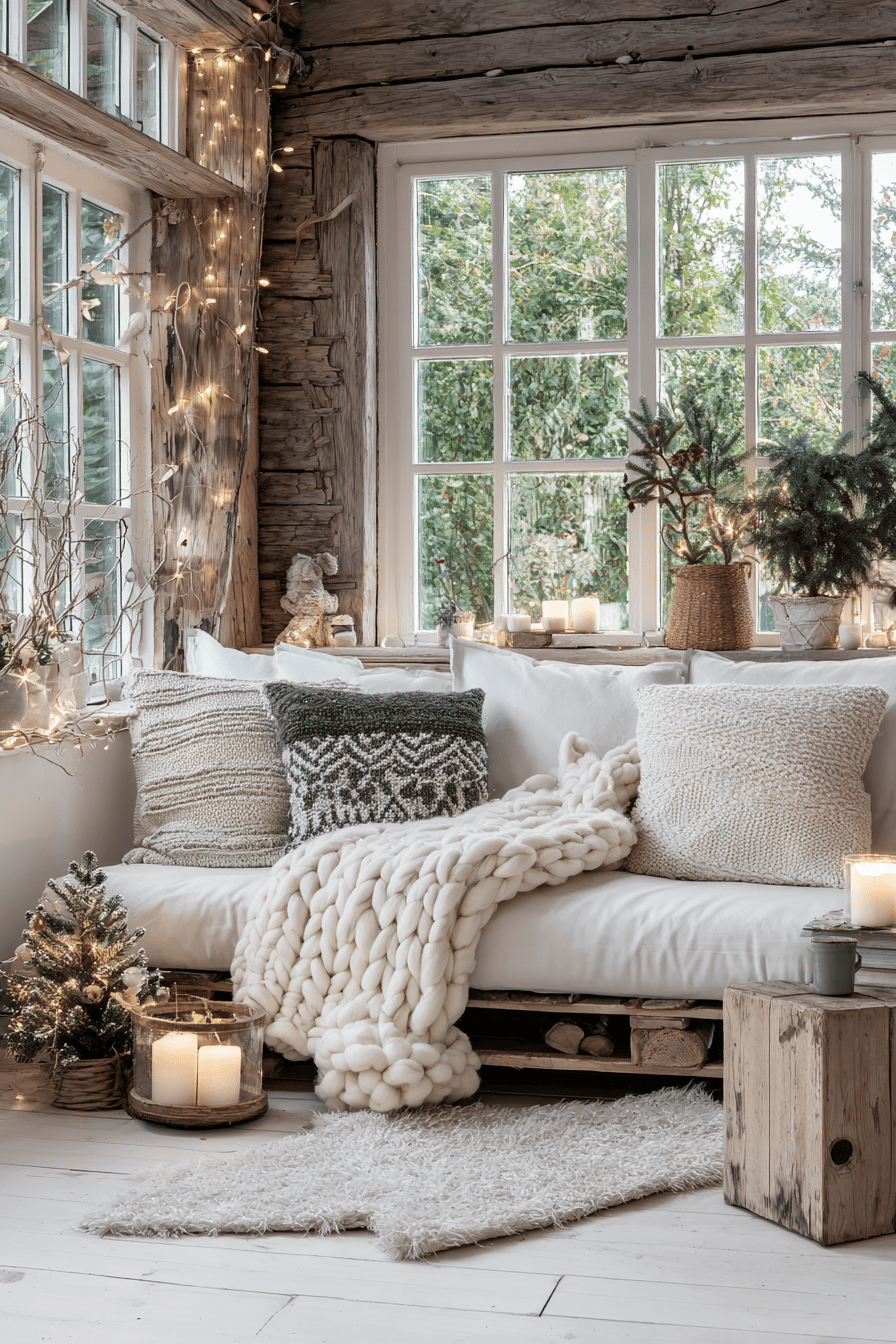 Gemütliches Wohnzimmer im nordischen Stil mit Kissen, Decke und Kerzen.
