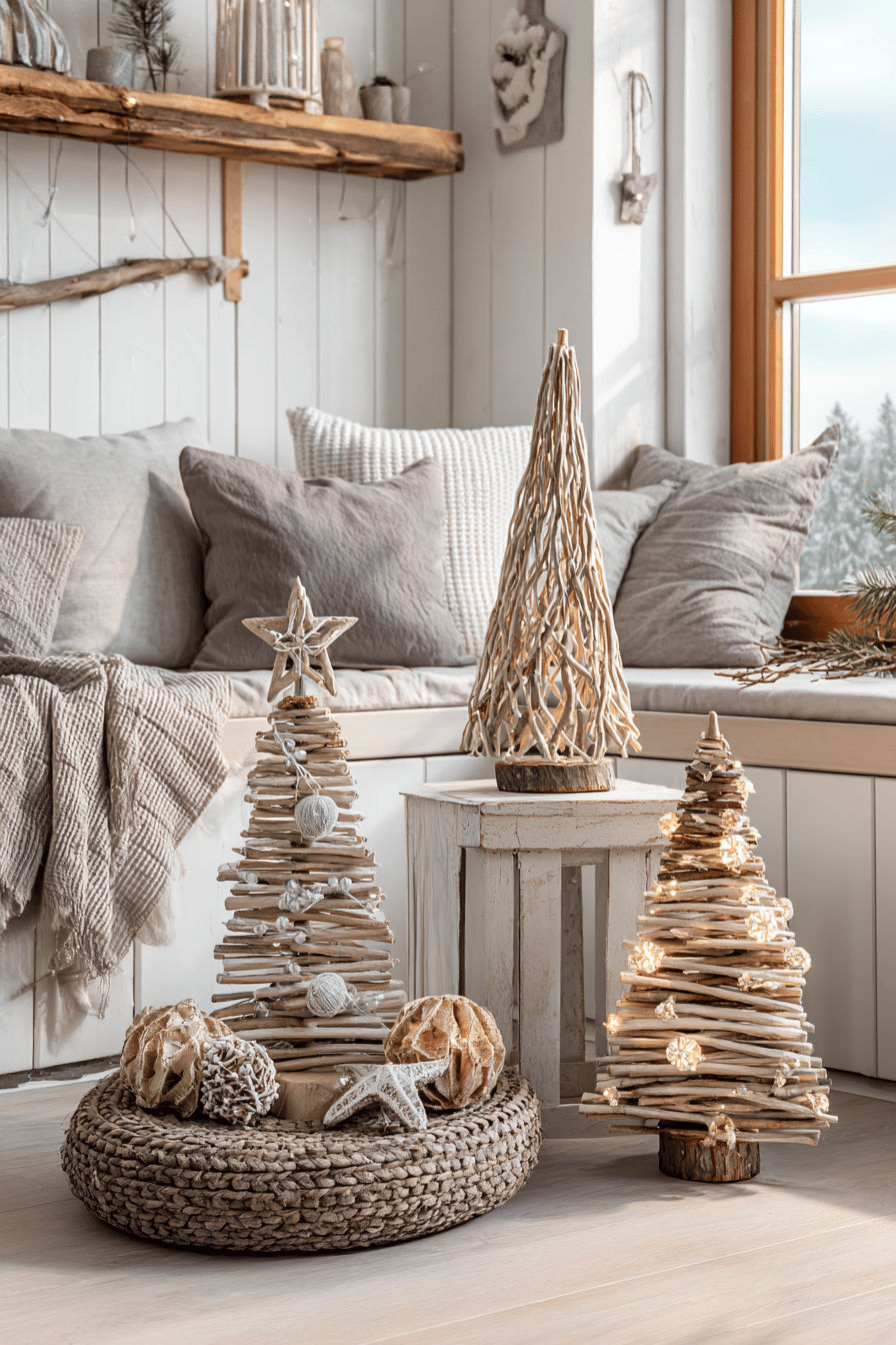 Mehrere handgefertigte Holz-Weihnachtsbäume dekorieren gemütlich einen Raum mit nordischem Flair.