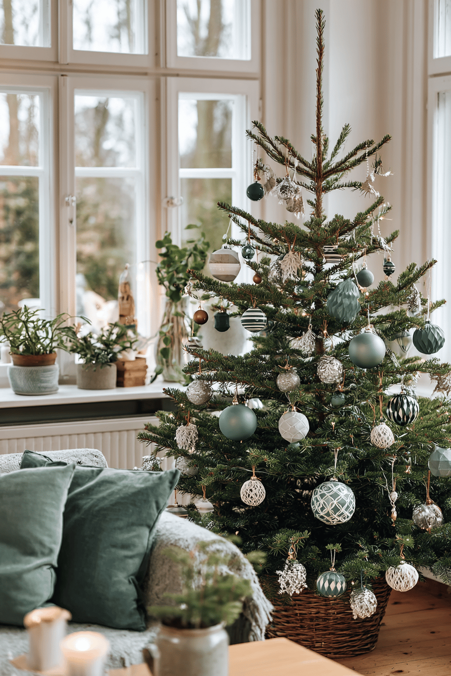 Nordischer Weihnachtsbaum in einem Wohnzimmer mit grünen und silbernen Kugeln.