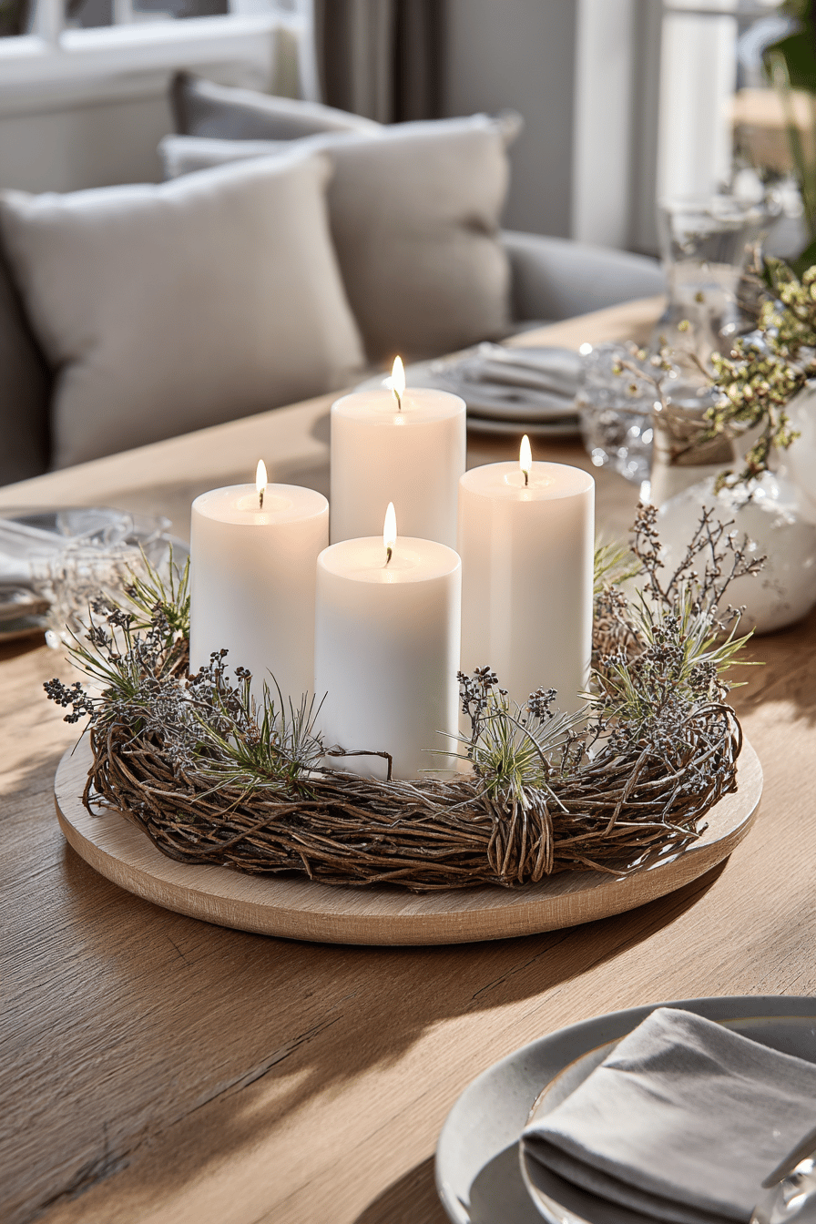 Minimalistischer Adventskranz mit weißen Kerzen auf einem Holztisch.