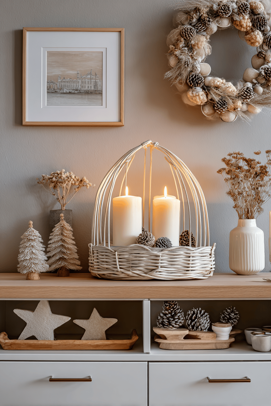 Nordische Weihnachtsdekoration mit Kerzen, Kranz und Tannenzapfen auf einem Regal.