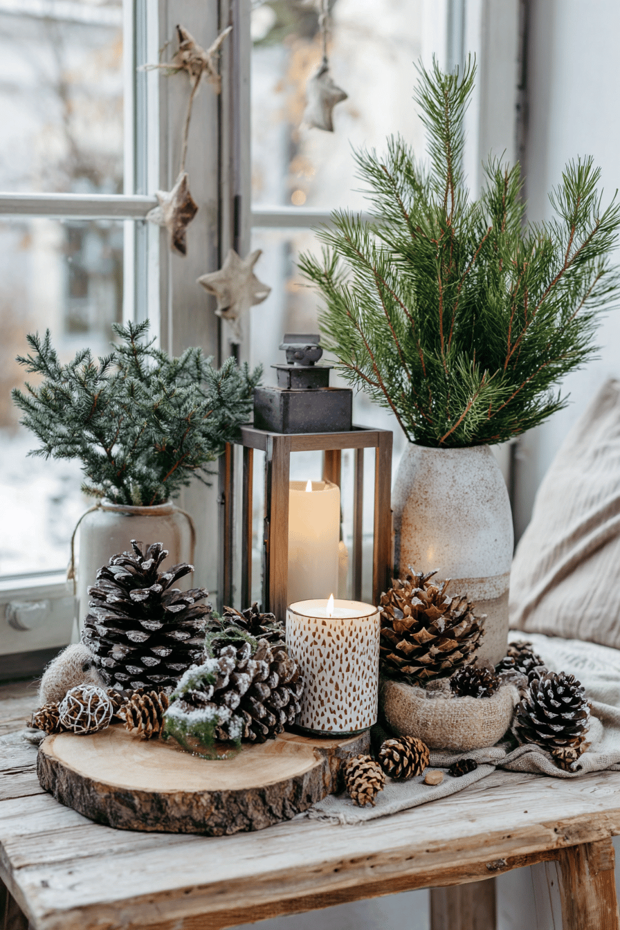 Ein rustikaler Weihnachtstisch mit Tannenzapfen, grünen Zweigen und Kerzen.