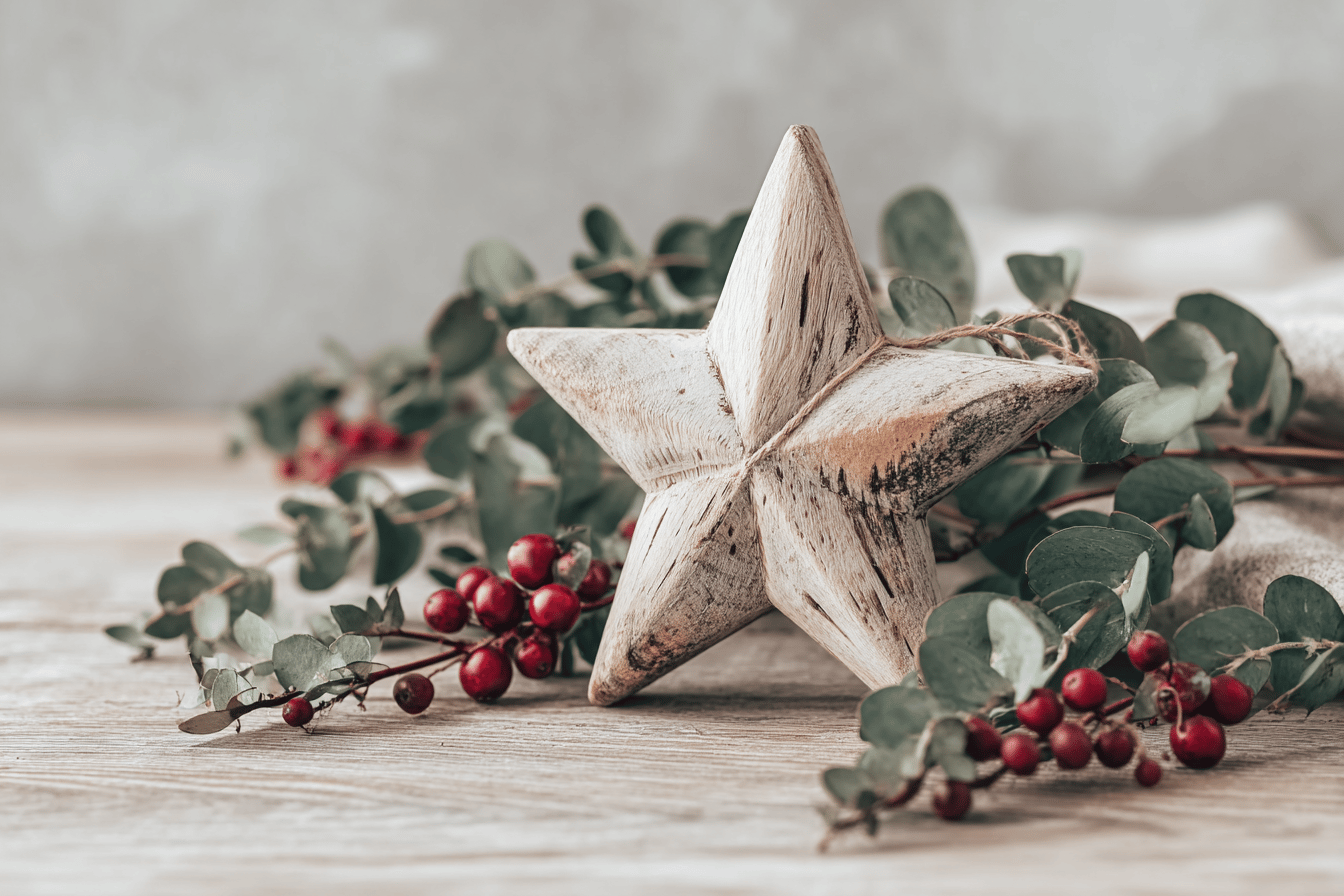 Holzstern mit Beeren und Eukalyptus auf Tisch
