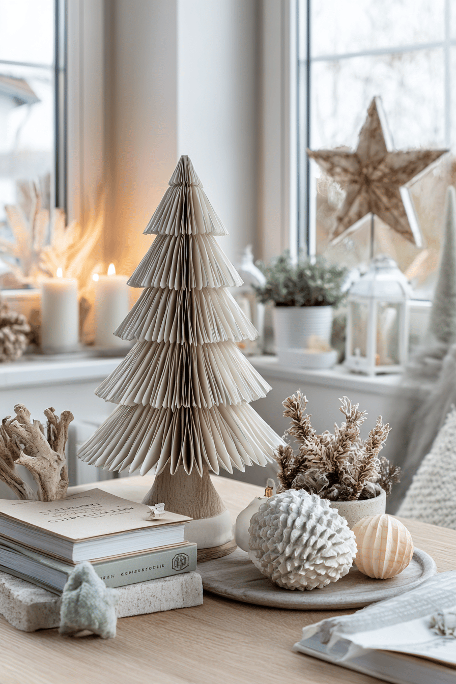 Ein Origami-Weihnachtsbaum steht auf einem Tisch, umgeben von Kerzen und dekorativen Elementen.