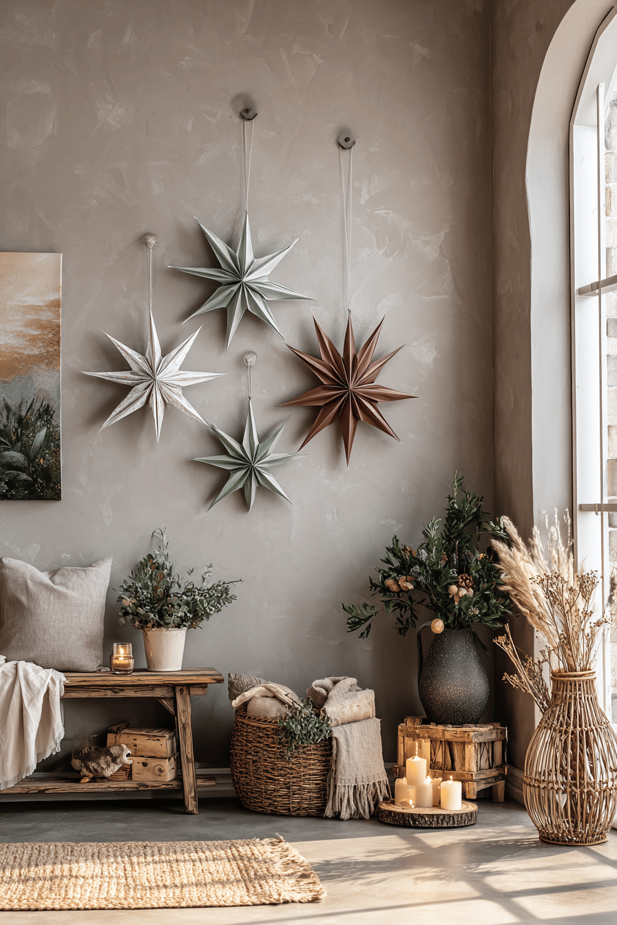 Vier große Origami Weihnachtssterne hängen dekorativ an einer Wand.