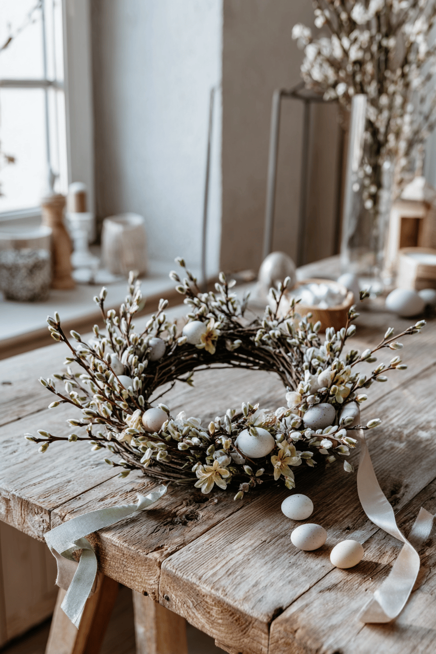 Ein Osterkranz mit blühenden Forsythien-Zweigen und Eiern auf einem Holztisch.