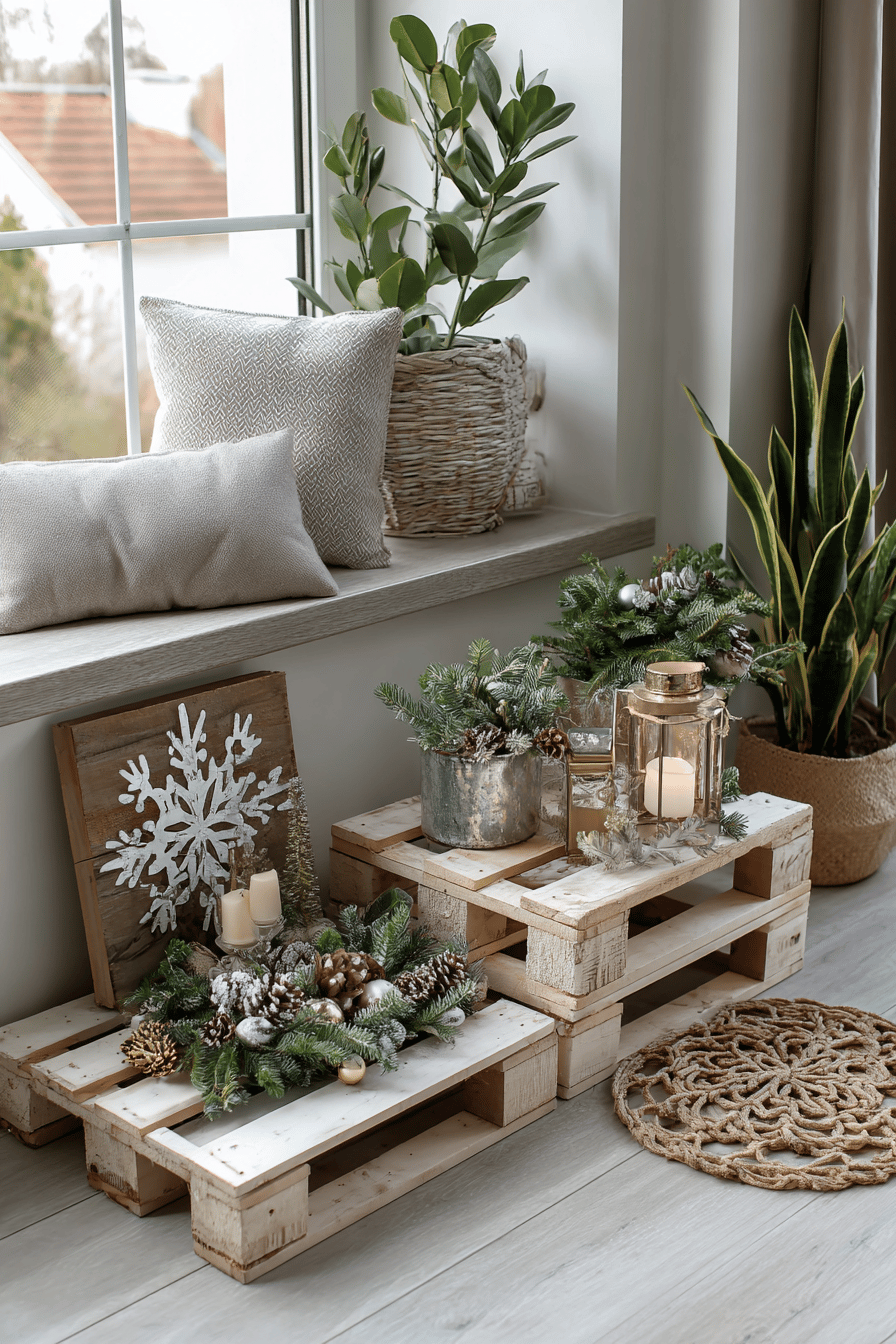 Holzpalette mit Weihnachtsdekoration, Kerzen und Pflanzen.
