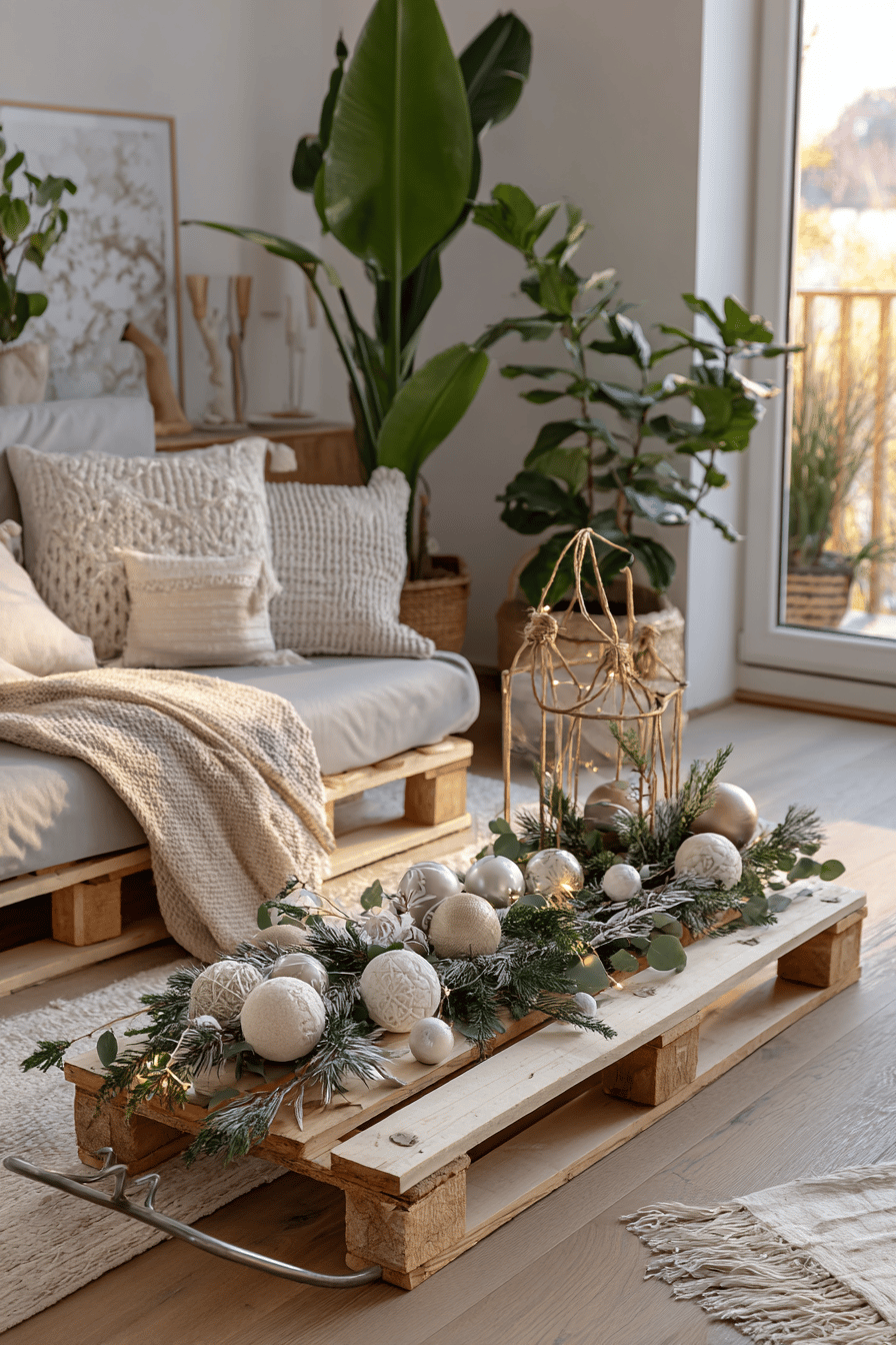 Ein geschmückter Palettenschlitten mit Weihnachtsdekoration im Wohnzimmer.