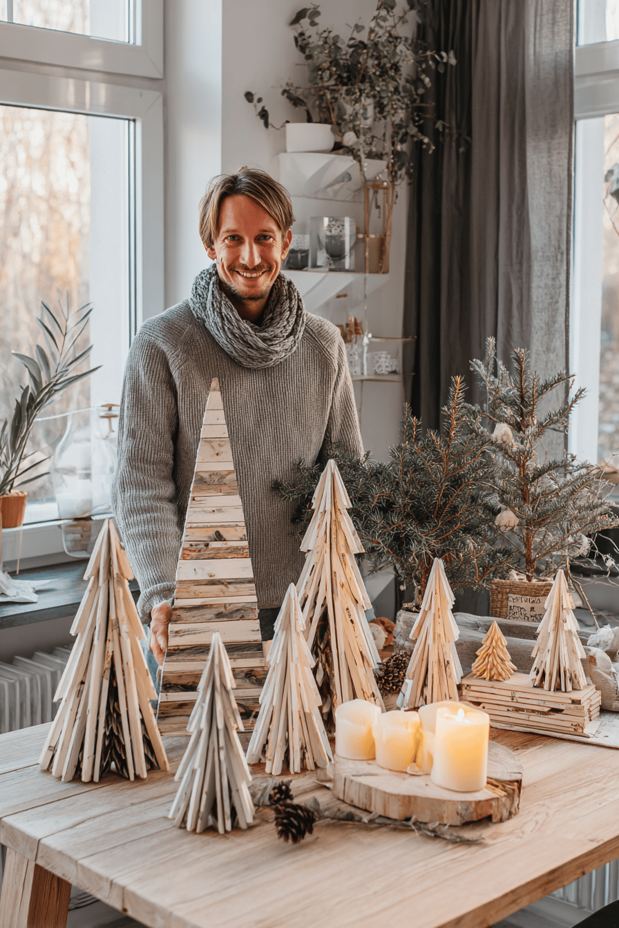 Ein Mann, der in einem kreativ dekorierten Raum steht, umgeben von Weihnachtsdekorationen aus Palettenholz.