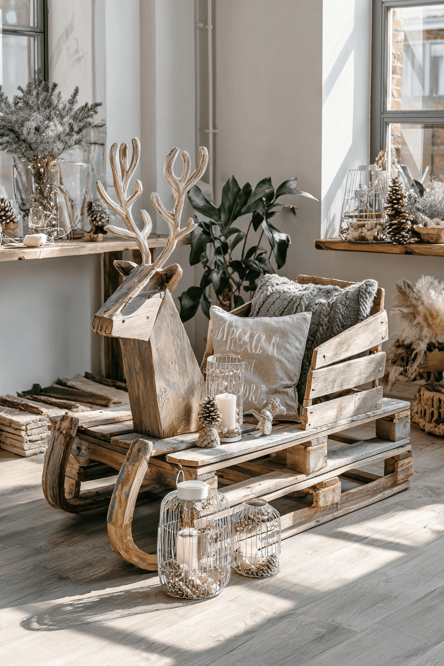 Ein dekorativer Rentierschlitten aus Palettenholz mit Kissen und Kerzen dekoriert in einem hellen Raum.