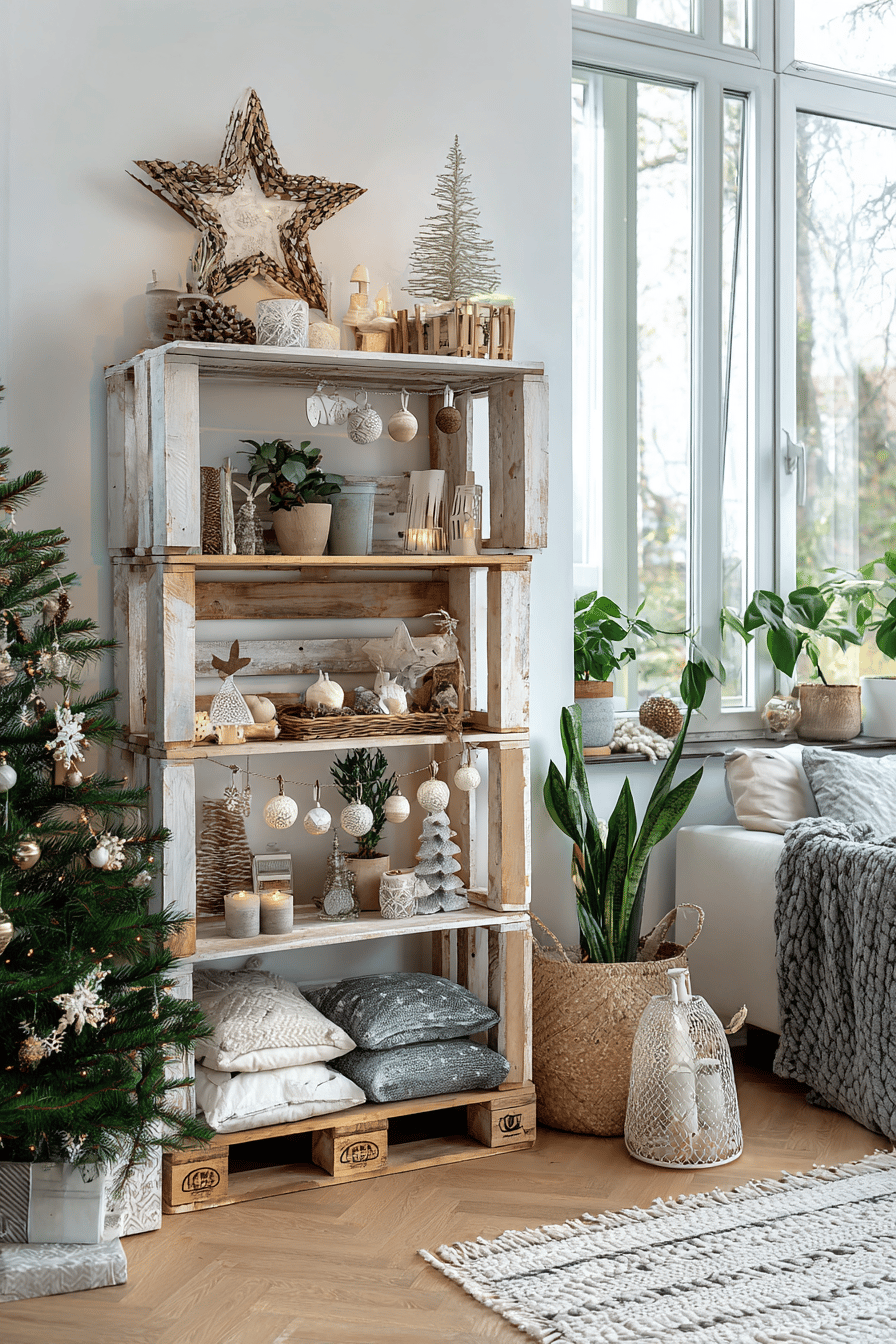 Ein Wohnzimmer mit einer aus Paletten gefertigten Weihnachtsdekoration, dekoriert mit kleinen Figuren und einem Christbaum.