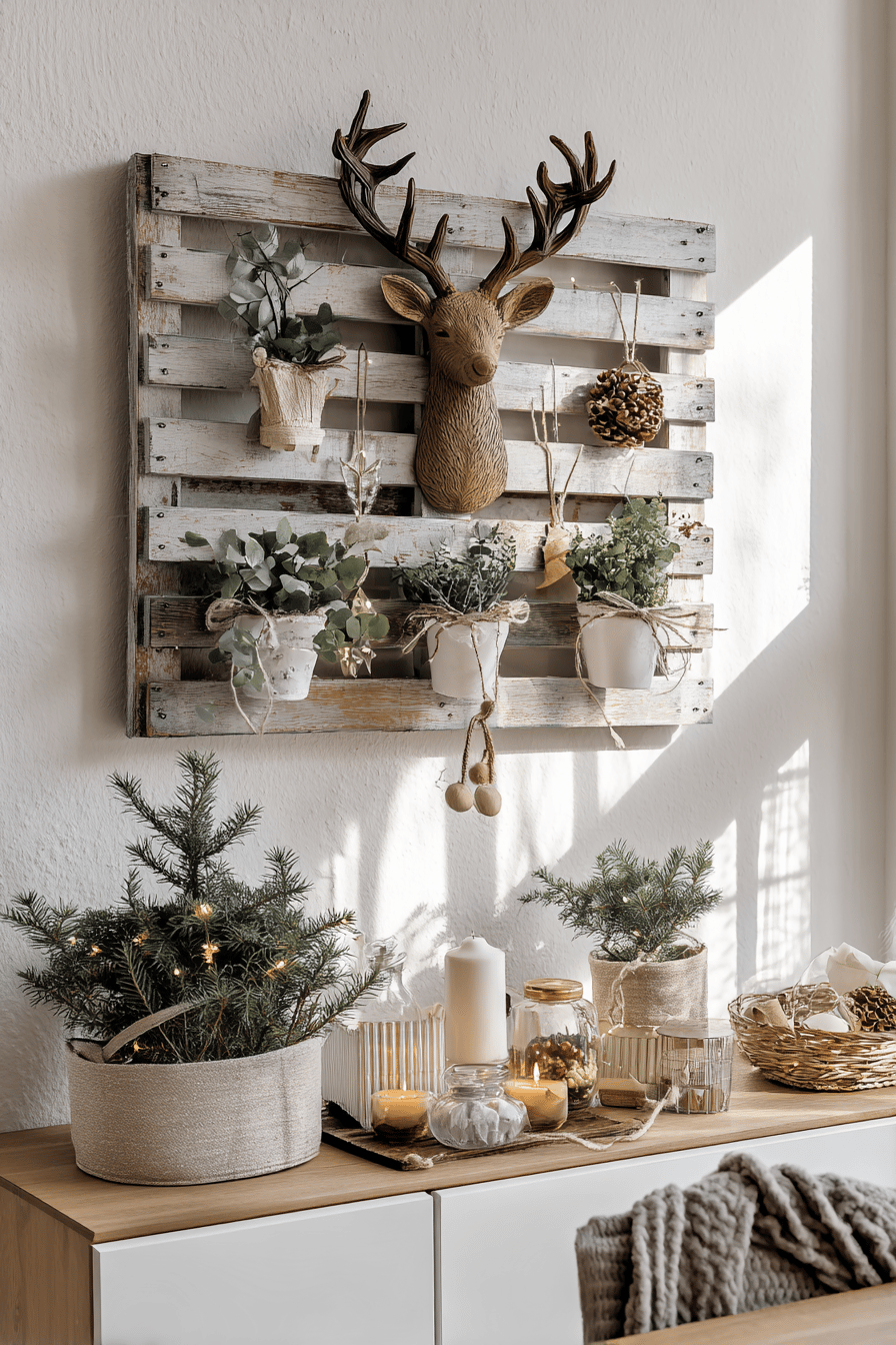 Wanddekoration aus Palettenholz mit Pflanzen und Rentierkopf.