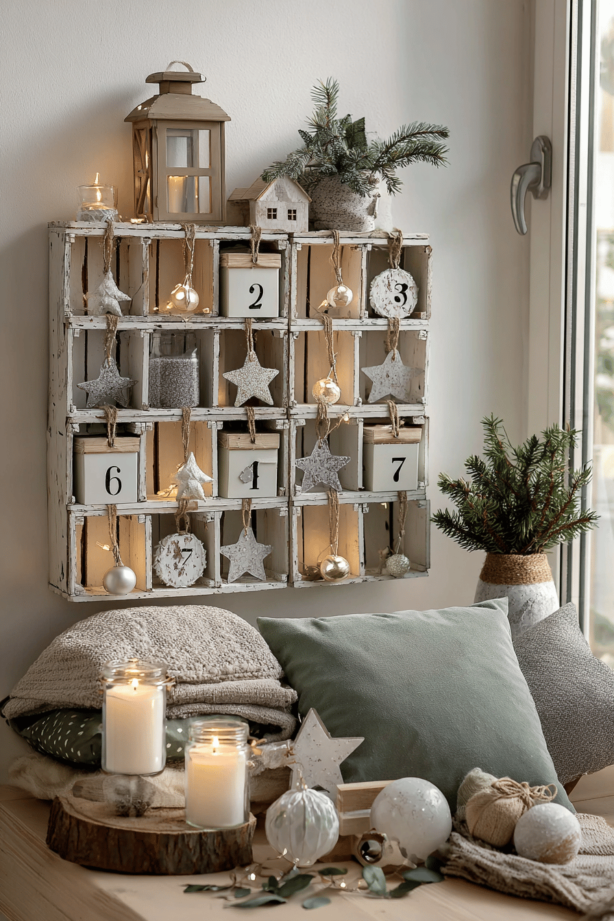 Ein Adventskalender aus Palettenholz mit rustikaler Weihnachtsdekoration, Kerzen und Kissen.