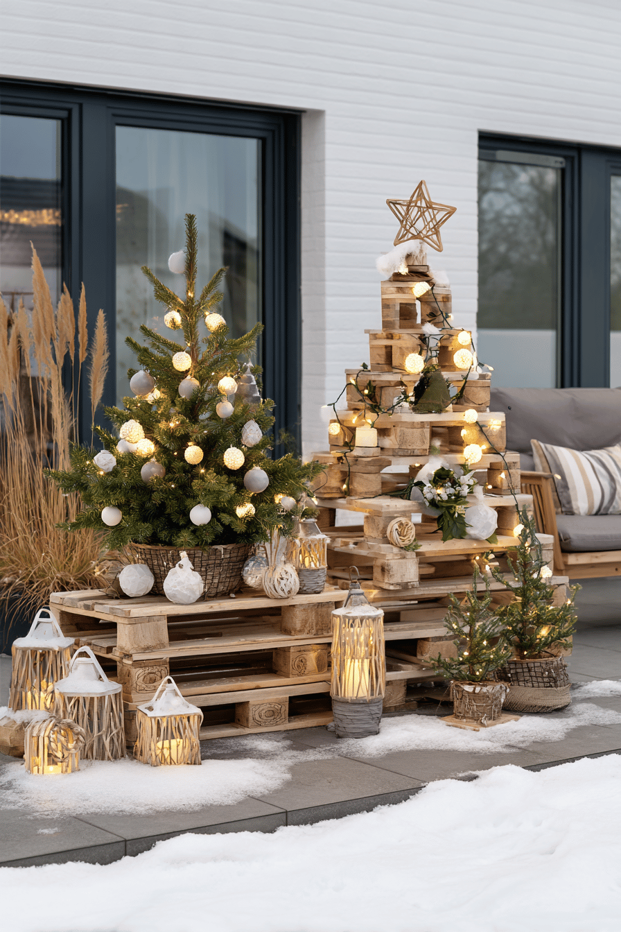 Weihnachtliche Deko mit beleuchteten Paletten und Laternen im Schnee.