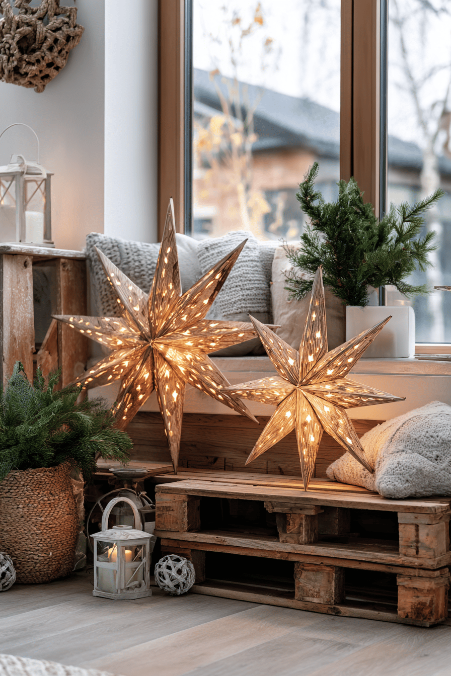 Leuchtende Weihnachtssterne aus Paletten als Deko im Wohnbereich.