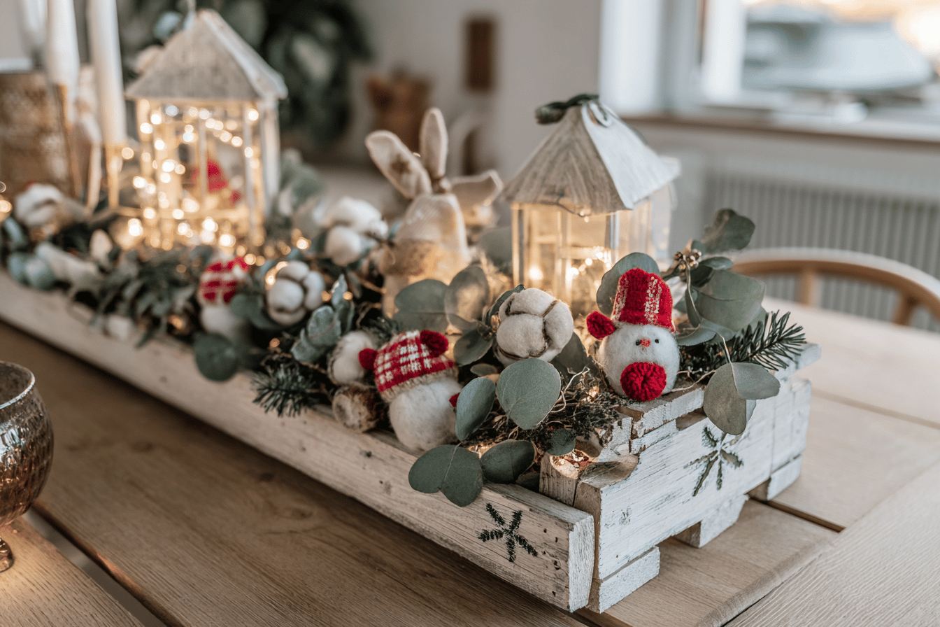 Weihnachtliche Dekoration mit Lichtern und kleinen Häusern.