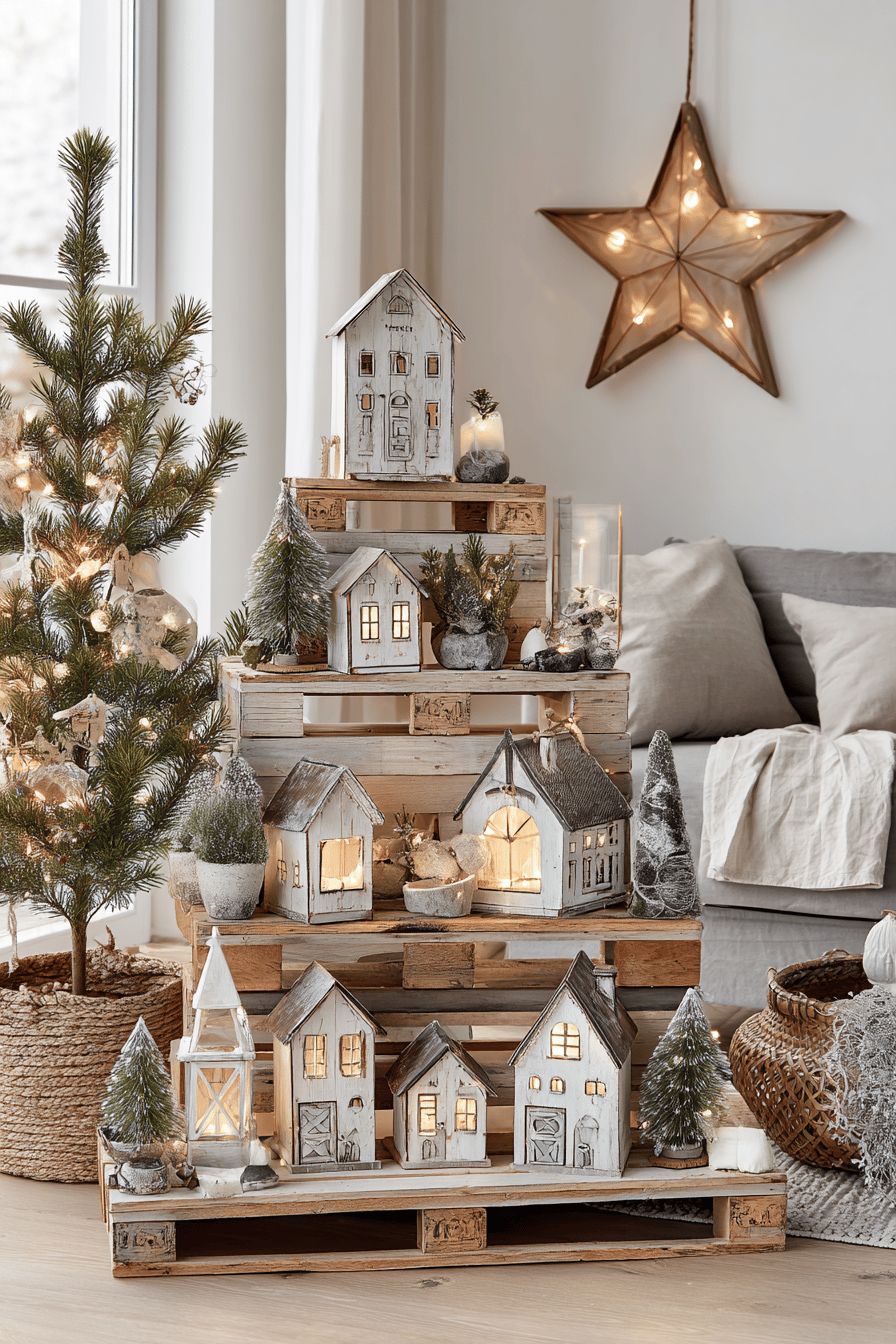 Ein weihnachtlich dekoriertes Dorf aus Paletten mit kleinen beleuchteten Häusern und einem Star-Licht im Hintergrund.