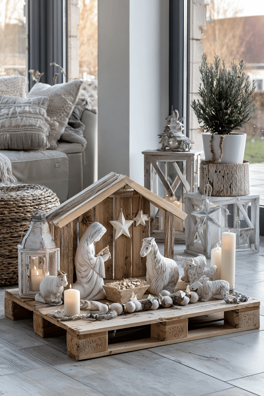 Selbstgebaute Weihnachtskrippe aus Paletten mit Figuren und Kerzen dekoriert.